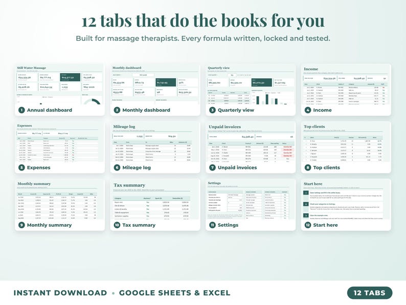 All 12 tabs of the bookkeeping spreadsheet: dashboards, income, expenses, mileage, unpaid invoices, top clients, tax summary