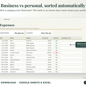 Expenses sheet where business or personal is filled in automatically from the category