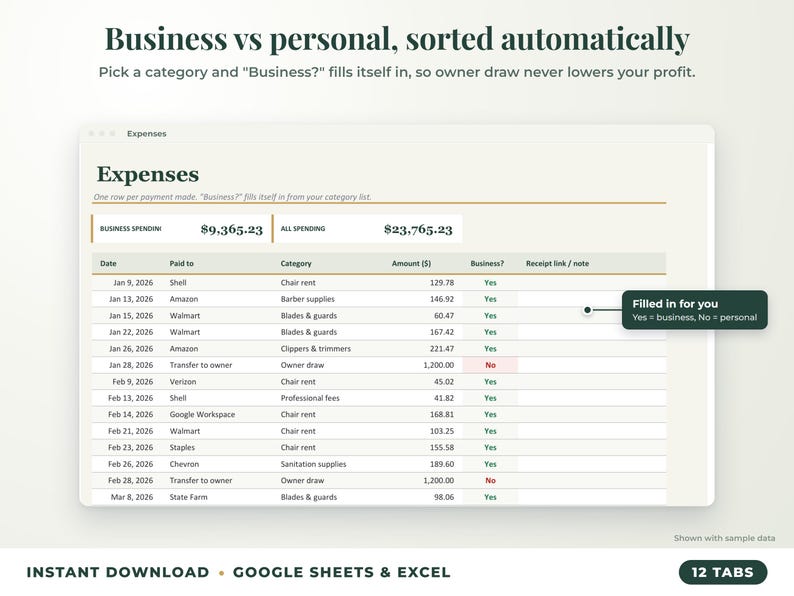 Expenses sheet where business or personal is filled in automatically from the category