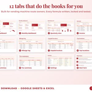 All 12 tabs of the bookkeeping spreadsheet: dashboards, income, expenses, mileage, unpaid invoices, top clients, tax summary