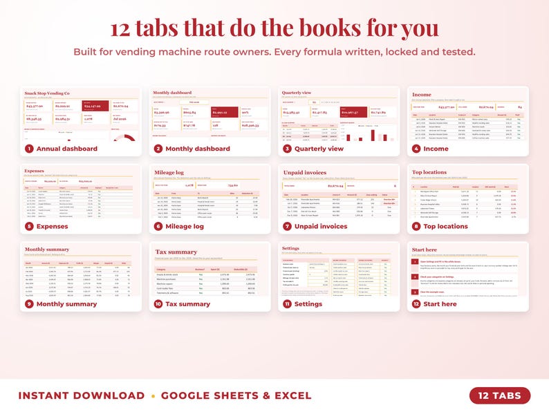 All 12 tabs of the bookkeeping spreadsheet: dashboards, income, expenses, mileage, unpaid invoices, top clients, tax summary