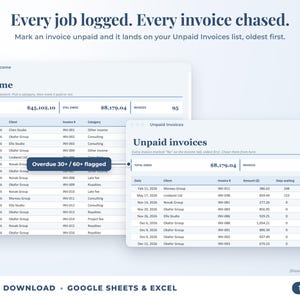 Income sheet and unpaid invoices list with overdue flags