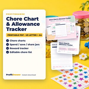May include: A digital chore chart and allowance tracker printable PDF set. The main card displays the text ProfitDrawer Chore Chart & Allowance Tracker, Printable PDF, US Letter + A4, and a list of features including chore charts and jars.