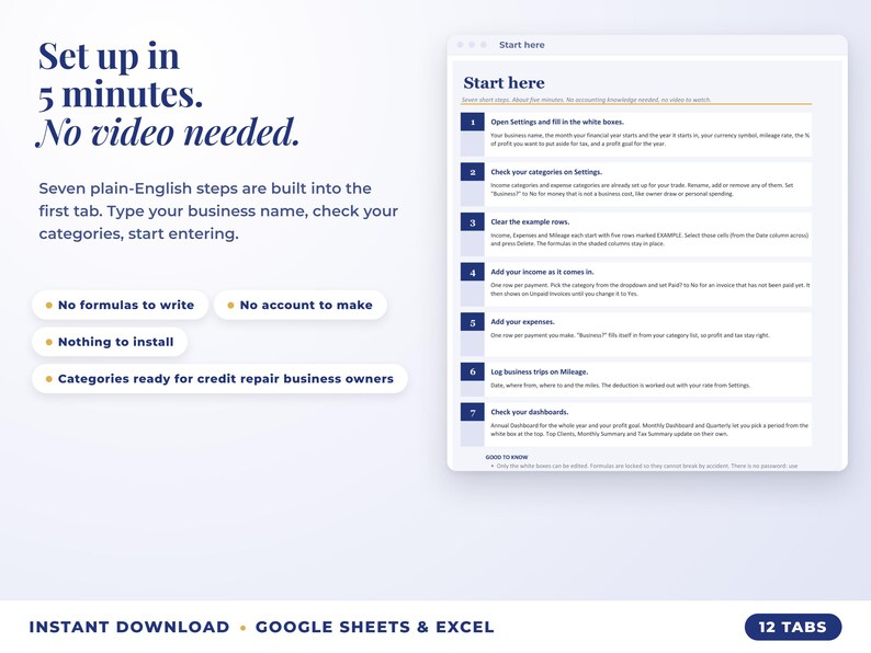 Start here tab with seven setup steps, no video needed