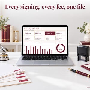 Notary bookkeeping spreadsheet annual dashboard open on a laptop on a desk