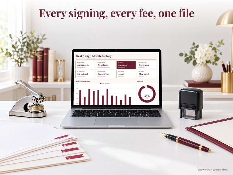 Notary bookkeeping spreadsheet annual dashboard open on a laptop on a desk