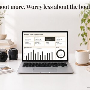 Photographer bookkeeping spreadsheet annual dashboard open on a laptop on a desk