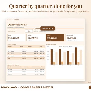Quarterly view with quarter selector, quarterly totals, chart and tax set-aside