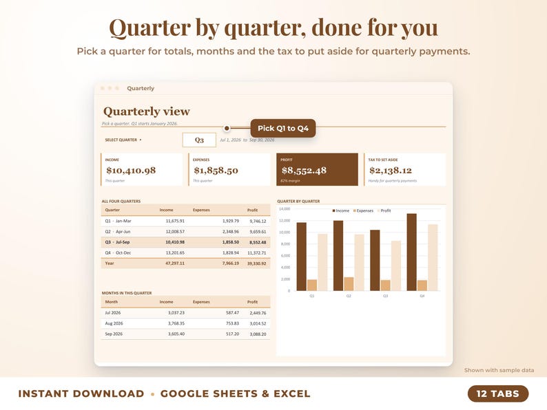 Quarterly view with quarter selector, quarterly totals, chart and tax set-aside