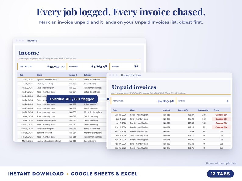 Income sheet and unpaid invoices list with overdue flags