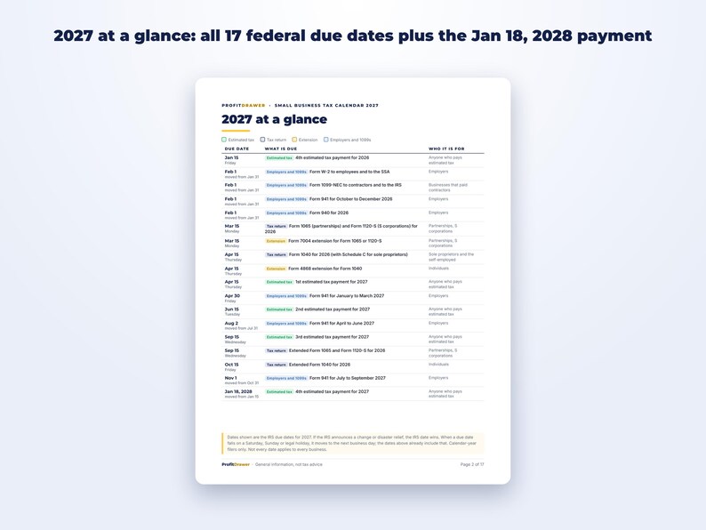 Small Business Tax Calendar 2027 + Quarterly Tax Tracker page preview