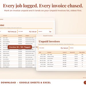 Income sheet and unpaid invoices list with overdue flags
