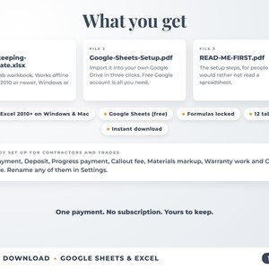What is included: 12-tab Excel workbook, Google Sheets setup guide and read-me-first guide