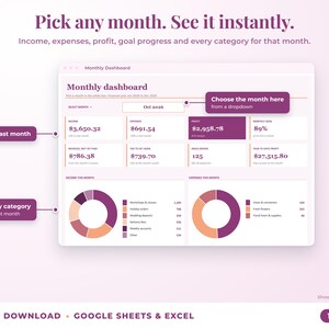 Monthly dashboard with a month dropdown, monthly profit, goal progress and category breakdown