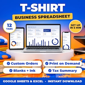 T-Shirt bookkeeping spreadsheet for Google Sheets and Excel on laptop, tablet and phone
