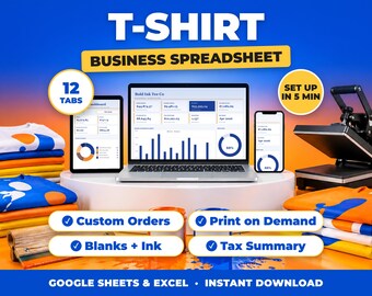 T-Shirt Business Spreadsheet, Screen Printing and Print on Demand Tracker, Custom Order Sales and Costs, Tax Summary (Google Sheets + Excel)