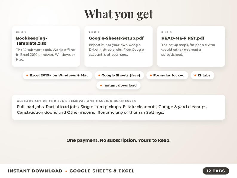 What is included: 12-tab Excel workbook, Google Sheets setup guide and read-me-first guide