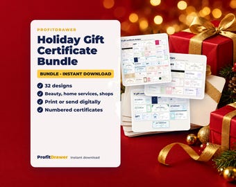 May include: A digital product display for a Holiday Gift Certificate Bundle by ProfitDrawer. The white card features dark blue text, listing 32 designs for beauty and home services, with options to print or send digitally and numbered certificates.
