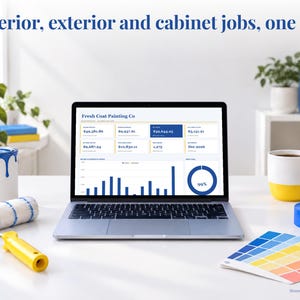 Painting bookkeeping spreadsheet annual dashboard open on a laptop on a desk