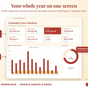 Annual dashboard with income, expenses, net profit, money owed, profit goal ring and category charts