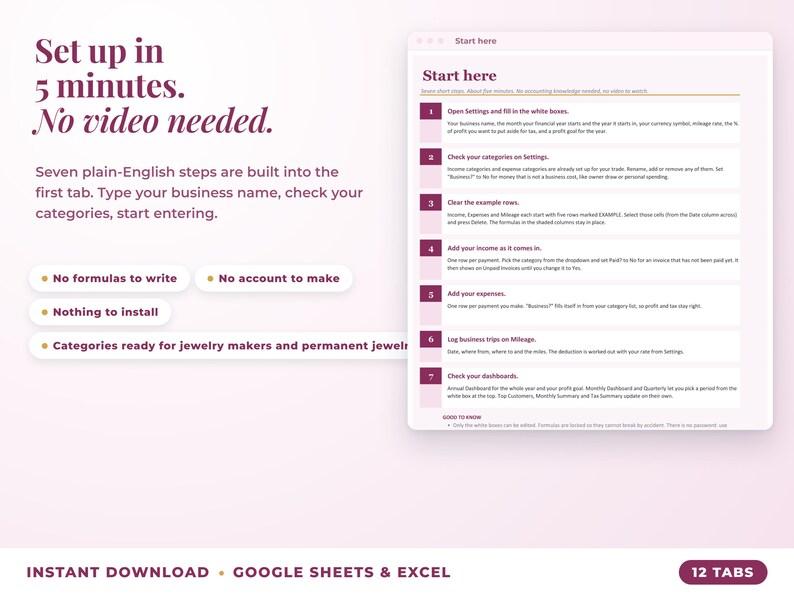 Start here tab with seven setup steps, no video needed