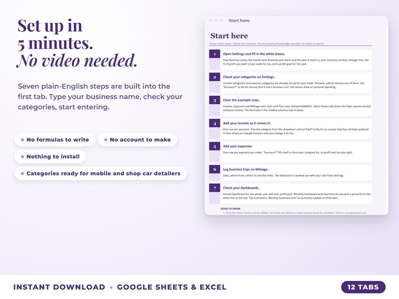 Start here tab with seven setup steps, no video needed