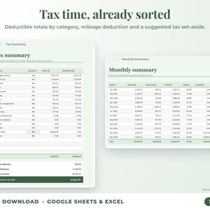 Tax summary with deductible totals, mileage deduction and suggested tax set-aside, plus monthly summary