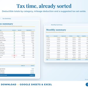 Tax summary with deductible totals, mileage deduction and suggested tax set-aside, plus monthly summary