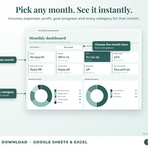 Monthly dashboard with a month dropdown, monthly profit, goal progress and category breakdown