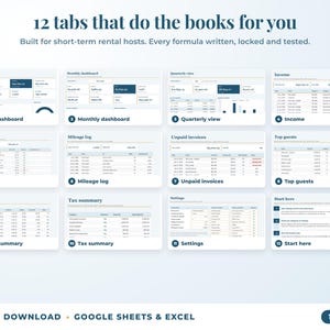 All 12 tabs of the bookkeeping spreadsheet: dashboards, income, expenses, mileage, unpaid invoices, top clients, tax summary