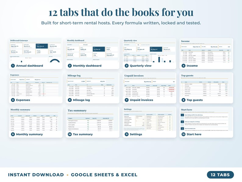 All 12 tabs of the bookkeeping spreadsheet: dashboards, income, expenses, mileage, unpaid invoices, top clients, tax summary