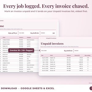 Income sheet and unpaid invoices list with overdue flags