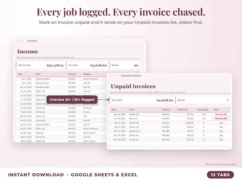 Income sheet and unpaid invoices list with overdue flags