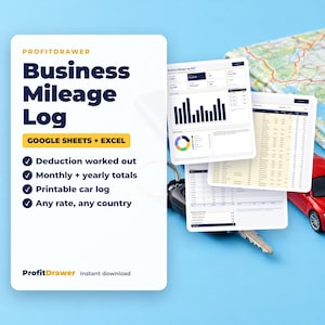 May include: A white digital product card titled ProfitDrawer Business Mileage Log for Google Sheets and Excel, featuring checkmarks for deduction, totals, and printable logs, displayed with a red toy car, keys, and a folded map.