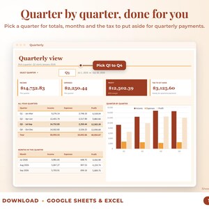 Quarterly view with quarter selector, quarterly totals, chart and tax set-aside