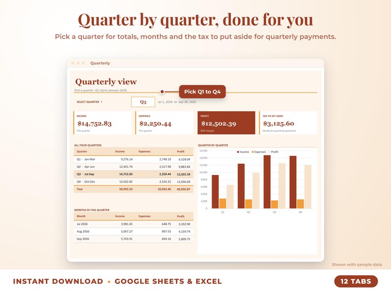 Quarterly view with quarter selector, quarterly totals, chart and tax set-aside