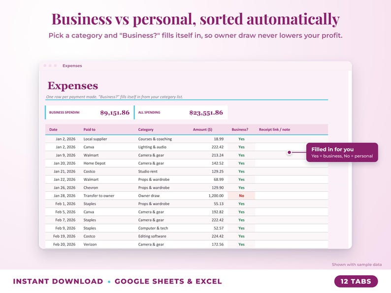 Expenses sheet where business or personal is filled in automatically from the category