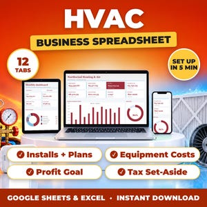 HVAC bookkeeping spreadsheet for Google Sheets and Excel on laptop, tablet and phone