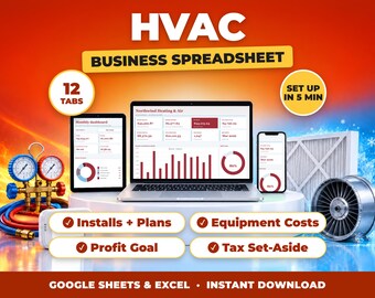 Kalkylblad för VVS-företag, bokföring av VVS, intäkts- och kostnadsspårning för värme och kyla, skattesammanfattning (Google Sheets + Excel)