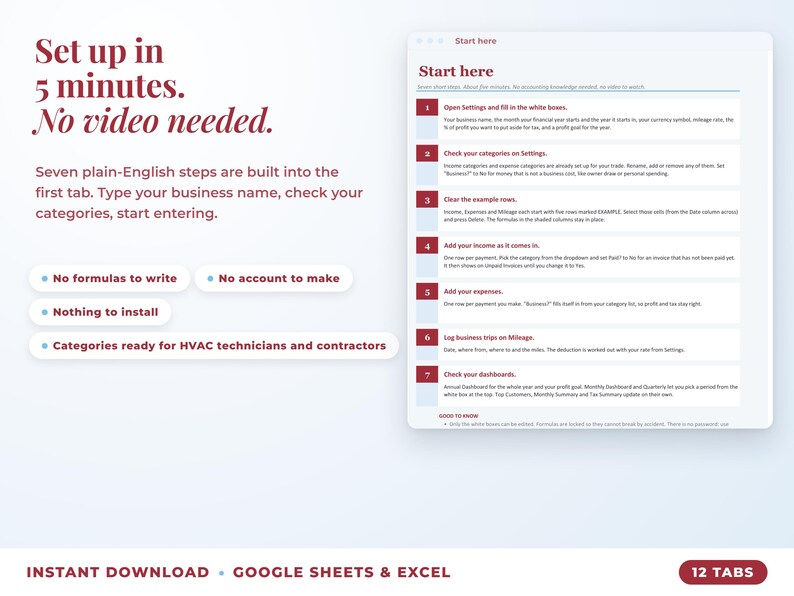 Start here tab with seven setup steps, no video needed