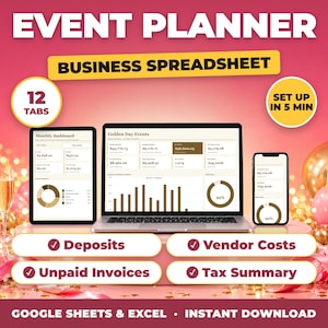 Event Planner Business Spreadsheet | Wedding Planner Bookkeeping, Income & Expense Tracker, Invoices, Tax Summary (Google Sheets + Excel)