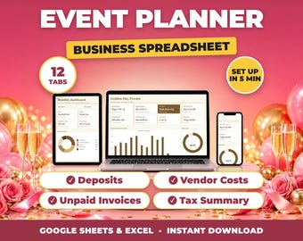Event Planner Business Spreadsheet | Wedding Planner Bookkeeping, Income & Expense Tracker, Invoices, Tax Summary (Google Sheets + Excel)