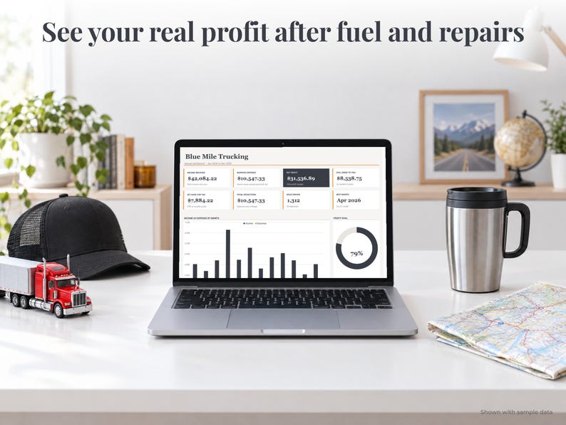 Truck Driver bookkeeping spreadsheet annual dashboard open on a laptop on a desk