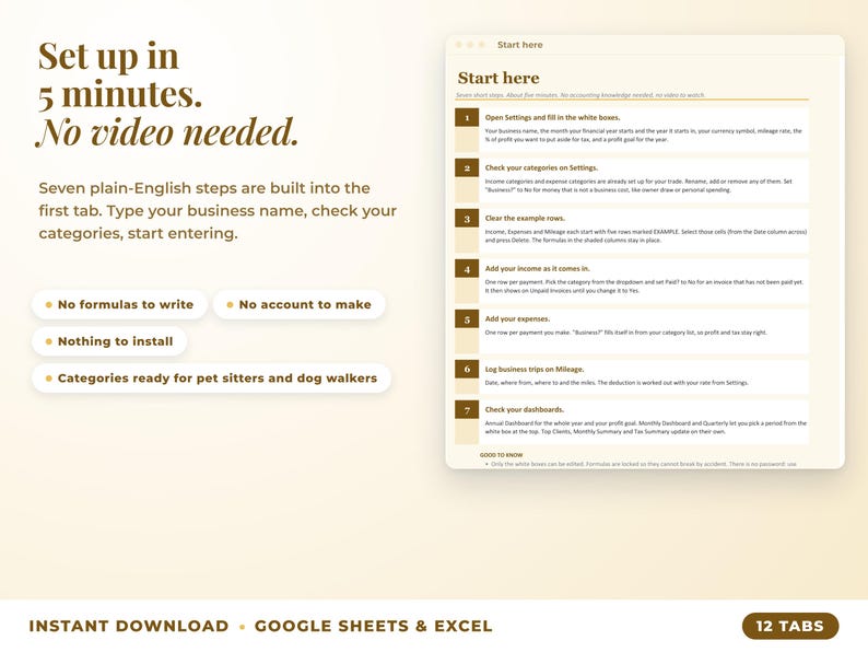 Start here tab with seven setup steps, no video needed