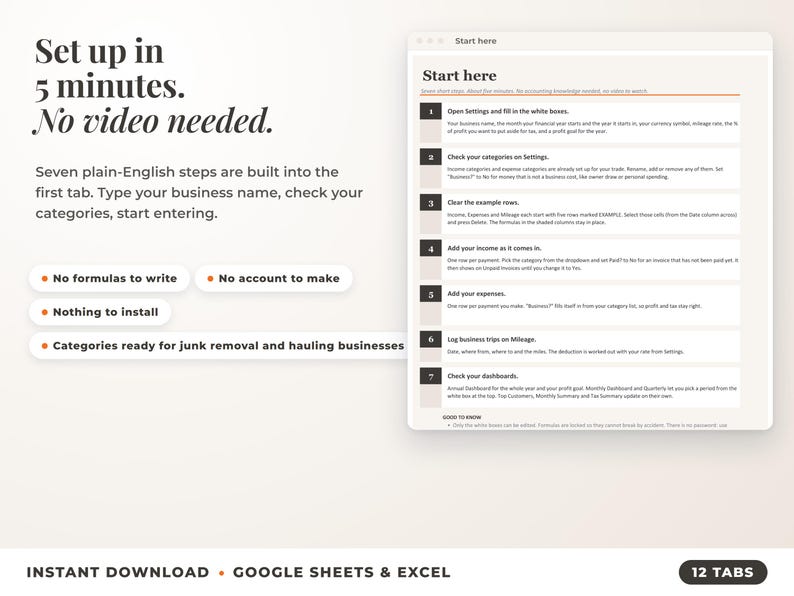 Start here tab with seven setup steps, no video needed