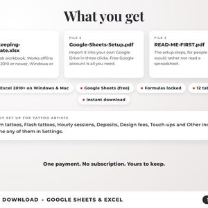 What is included: 12-tab Excel workbook, Google Sheets setup guide and read-me-first guide