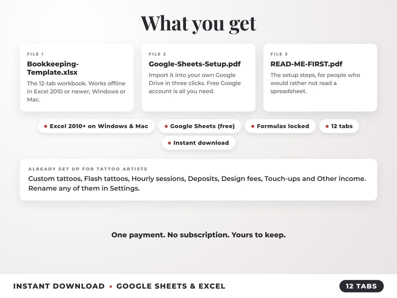 What is included: 12-tab Excel workbook, Google Sheets setup guide and read-me-first guide