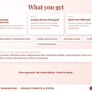 What is included: 12-tab Excel workbook, Google Sheets setup guide and read-me-first guide