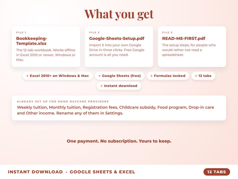 What is included: 12-tab Excel workbook, Google Sheets setup guide and read-me-first guide