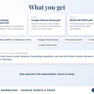 What is included: 12-tab Excel workbook, Google Sheets setup guide and read-me-first guide